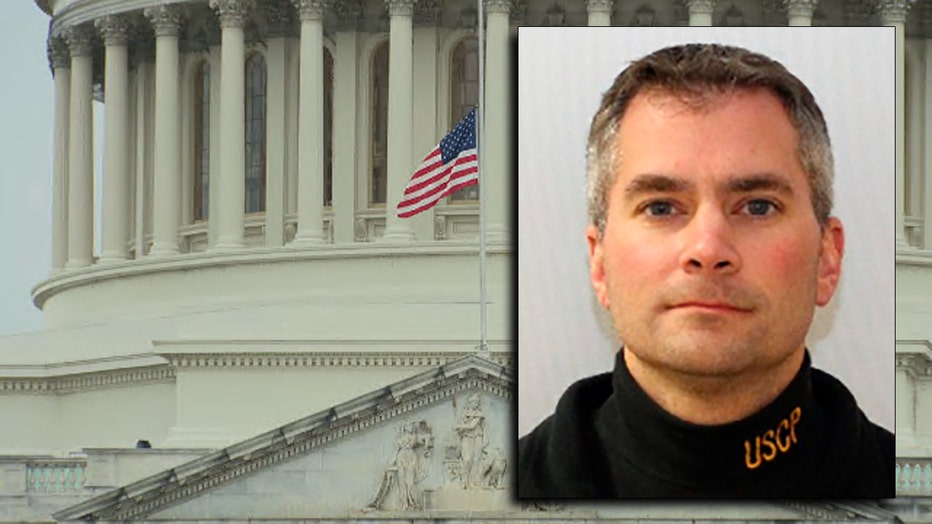 Headshot photo of police officer wearing USCP-branded turtleneck imposed over image of US Capitol