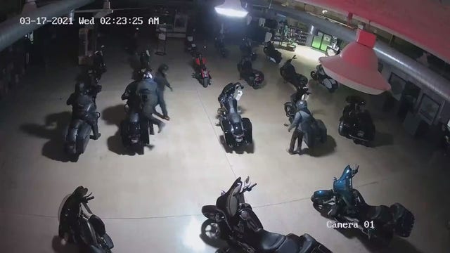 Burglars ride motorcycles out front door of Harley-Davidson dealership in Indiana