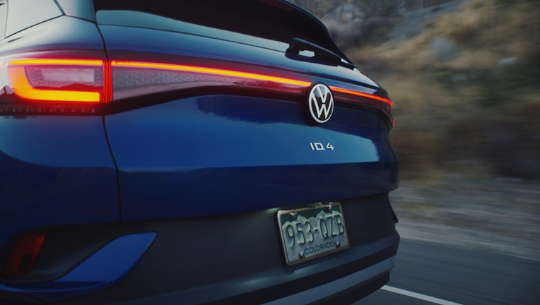 Closeup of the rear hatchback and lights of a blue Volkswagen ID.4
