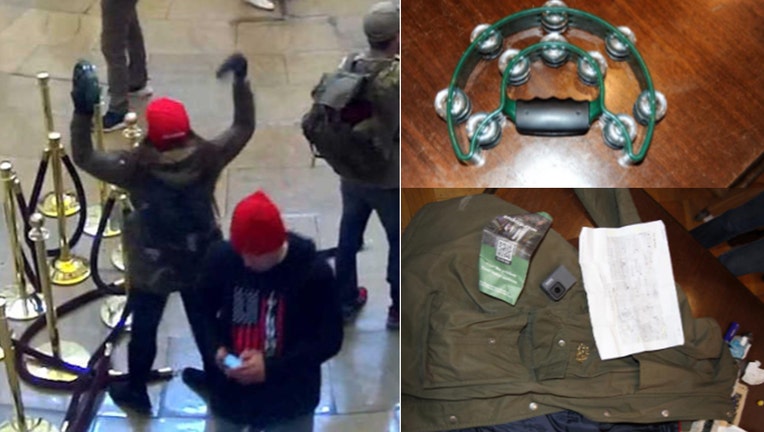 A composite of images released by the Justice Department show Sara Carpenter in the Capitol, her tambourine, and her coat.