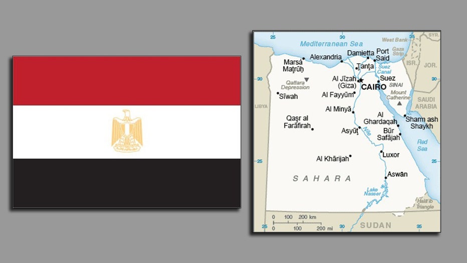 Egypt's red white and black flag with a bird and shield symbol in the center; a map of Egypt with major cities labeled
