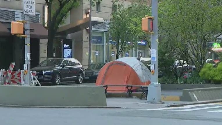 A homeless couple pitched a tent at West 86th Street and Broadway.