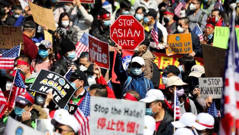 People rally to protest against anti-Asian hate crimes on Foley Square