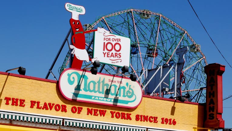A Nathan's Famous logo is seen at Coney Island. 