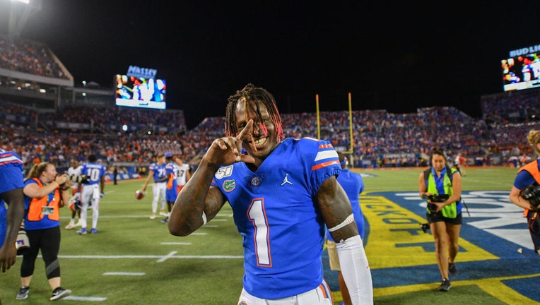 ORLANDO, FL - AUGUST 24: Kadarius Toney #1 of the Florida Gators celebrates after winning against the Miami Hurricanes in the Camping World Kickoff at Camping World Stadium on August 24, 2019 in Orlando, Florida.