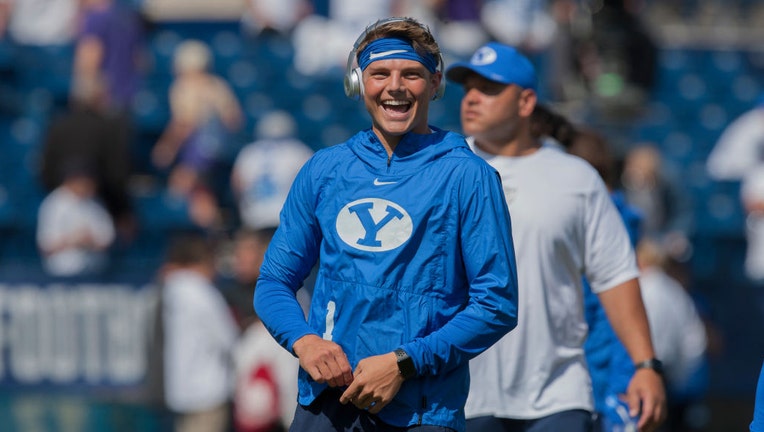 PROVO, UT - SEPTEMBER 21 : Zach Wilson #1 of the BYU Cougars laughs during warm ups before their game against the Washington Huskies at LaVell Edwards Stadium on September 21, 2019 in Provo, Utah. 