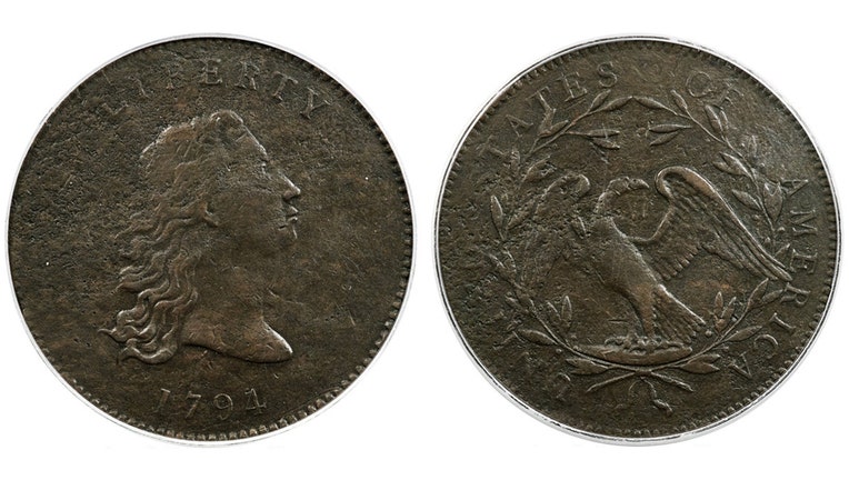 Both sides of a copper coin from 1794; shows a flowing hair portrait of Liberty and the date 1794; reverse side shows a small eagle on a rock within a wreath