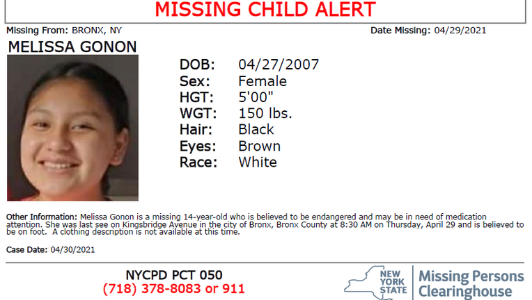 The NYPD says Melissa Gonon, 14, of the Bronx is missing and may be in imminent danger.