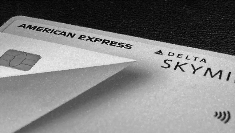 A close-up view of part of an American Express card