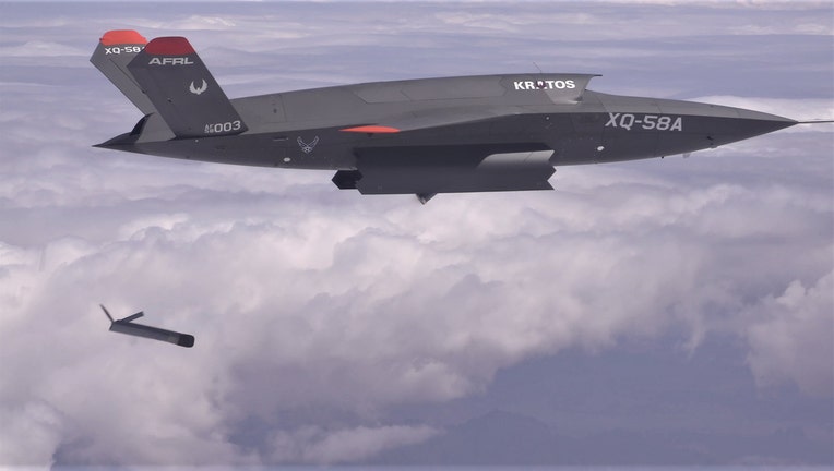 The XQ-58A Valkyrie deploys an ALTIUS-600 at the Yuma Proving Ground, Arizona on March 26, 2021. (Kratos Defense & Security Solutions, Inc.)