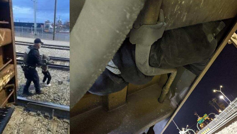 A CBP Officer removes a child from a train (left) and a person hiding inside a train are seen in CBP photos.