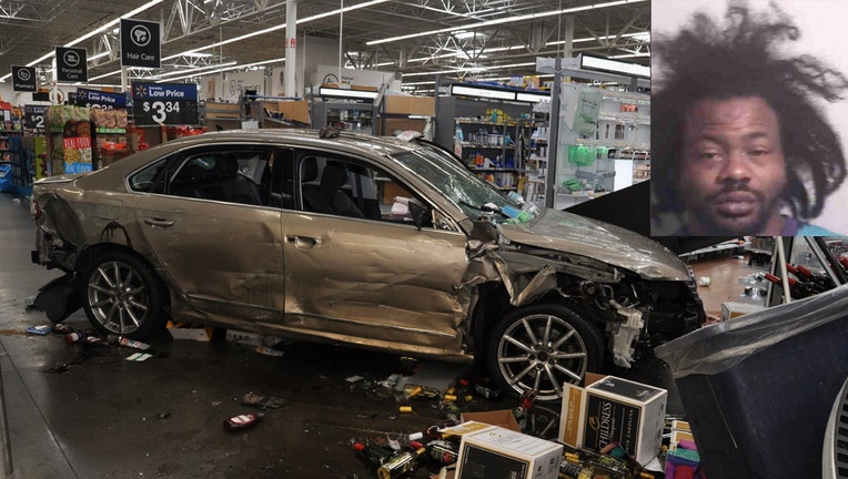 Lacy Cordell Gentry and his smashed car inside the Walmart are shown in photos released by police.(Concord Police Dept.)