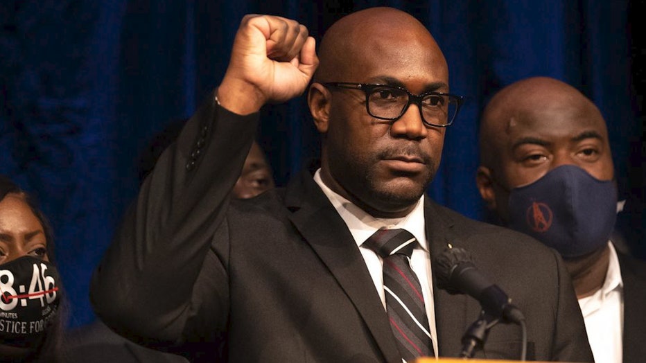George Floyd's brother Philonise Floyd raises a fist speaks at a press conference at the Minneapolis Convention Center on March 12, 2021 in Minneapolis, Minnesota.