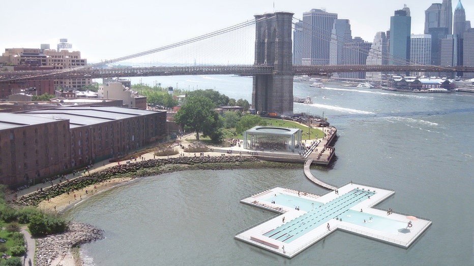 An artist's rendering of a 'plus' shaped pool floating in the East River with the Brooklyn Bridge and the Manhattan skyline behind it