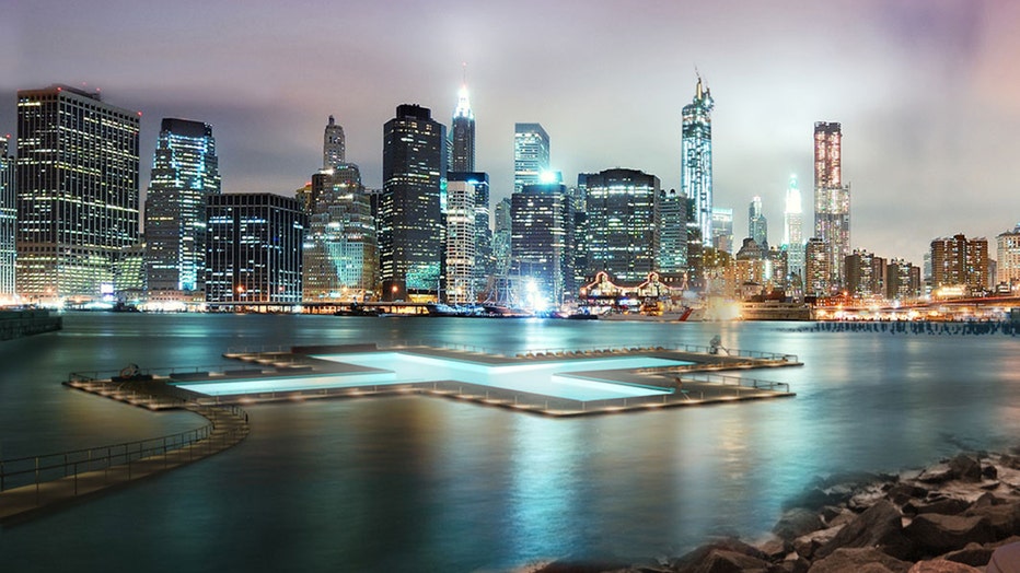 An artist's rendering of a 'plus' shaped pool floating in the East River with the Manhattan skyline behind it