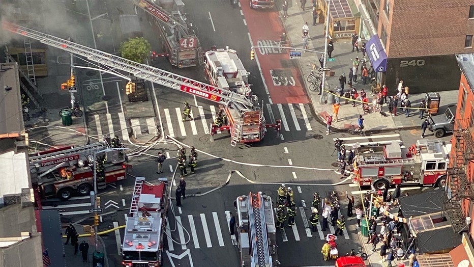 FDNY trucks block the intersection of 82nd St. and 2nd Ave. in Manhattan.