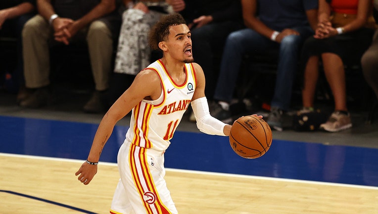 Trae Young #11 of the Atlanta Hawks calls out the play in the third quarter against the New York Knicks during game two of the Eastern Conference Quarterfinals at Madison Square Garden on May 26, 2021 in New York City.(Photo by Elsa/Getty Images)