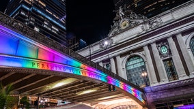 Some New York buildings and bridges are illuminated for Pride