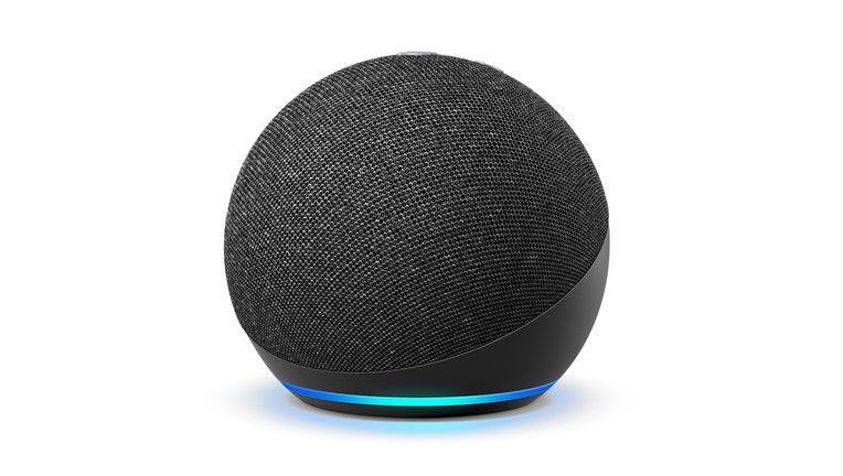 A spherical charcoal gray Amazon Echo Dot device with a ring of blue light at the base
