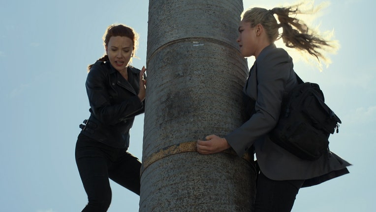 Screenshot from the movie Black Widow showing two characters holding onto a cylindrical chimney