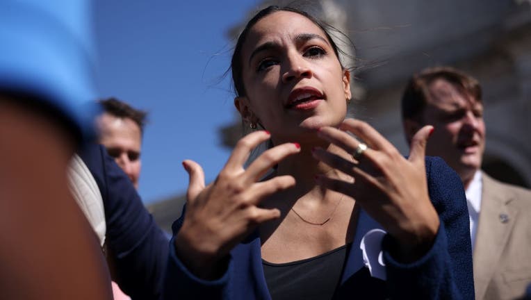 Rep. Alexandria Ocasio-Cortez (D-NY) speaks during an event outside Union Station