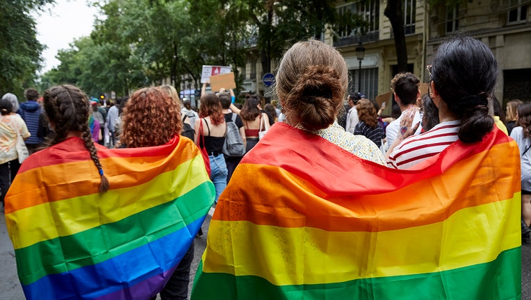 People wearing rainbow flags march in a parade on a tree-lined street in Paris