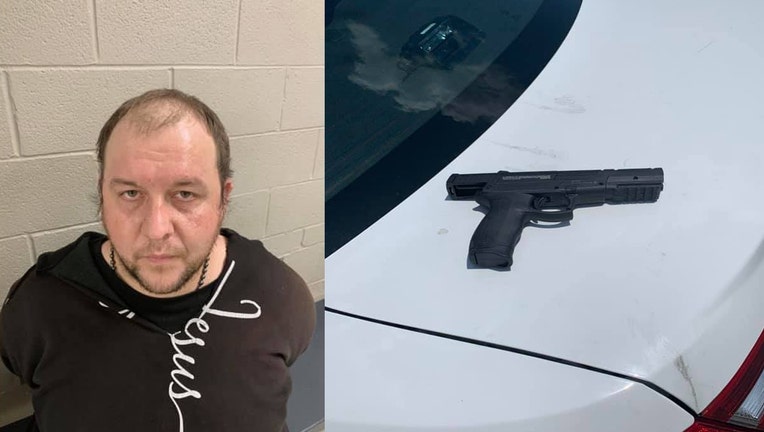 James Springer (left) and the gun (right) that was found in his car. (Stafford County Sheriff's Office)