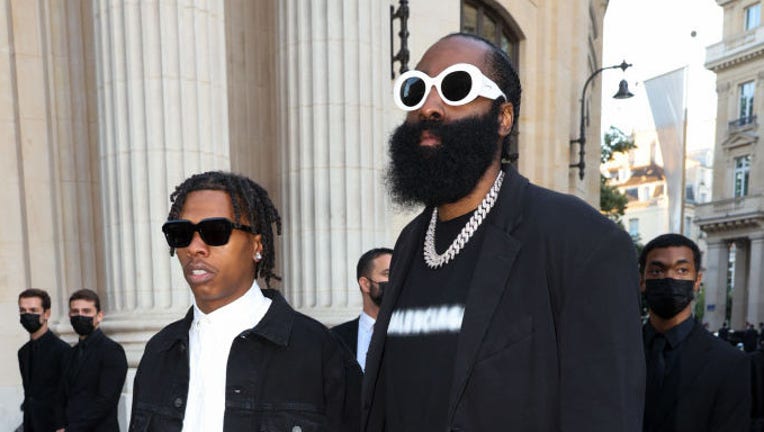 PARIS, FRANCE - JULY 07: Lil Baby and James Harden are seen arriving at a Balenciaga dinner at the Bourse De Commerce Pinault Collection on July 07, 2021 in Paris, France.