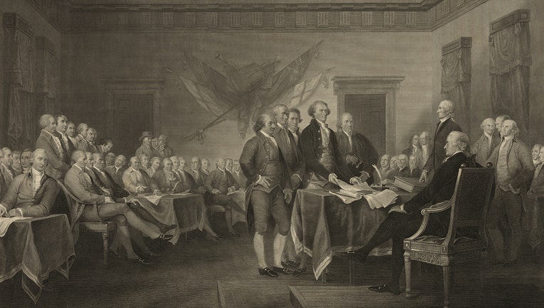 An engraving showing the Founding Father presenting the Declaration of Independence