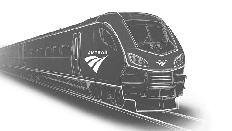 A black and white rendering of an Amtrak locomotive