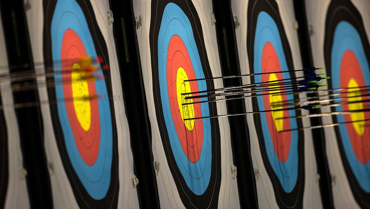 A general view of arrows in the target during practice at the Yumenoshima Park Archery Field ahead of the Tokyo 2020 Olympic Games on July 21, 2021 in Tokyo, Japan. (Photo by Justin Setterfield/Getty Images)