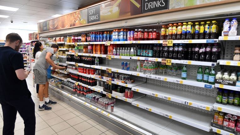 Empty shelves at a Tesco supermarket in central London on July 22, 2021. - British supermarkets and suppliers warned today of possible food shortages due to staff self-isolating, as rising coronavirus cases threaten chaos after the government controversially eased all restrictions earlier this week. (Photo by JUSTIN TALLIS / AFP) (Photo by JUSTIN TALLIS/AFP via Getty Images)