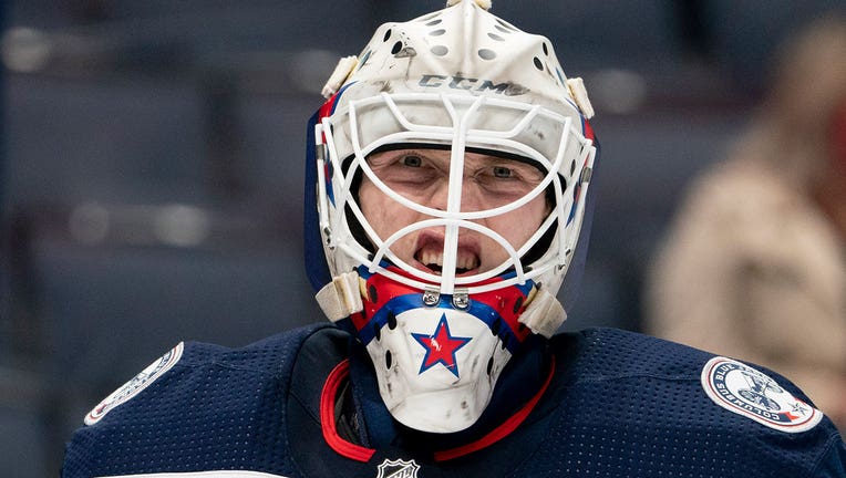 Matiss Kivlenieks #80 of the Columbus Blue Jackets looks on during the game between the Columbus Blue Jackets and the Detroit Red Wings at Nationwide Arena in Columbus, Ohio on May 8, 2021. (Photo by Jason Mowry/Icon Sportswire via Getty Images)