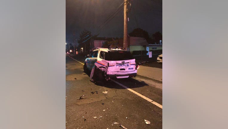 A photo released by Nassau County Police shows the damaged police vehicle after being hit by an alleged drunk driver. (Nassau County Police)