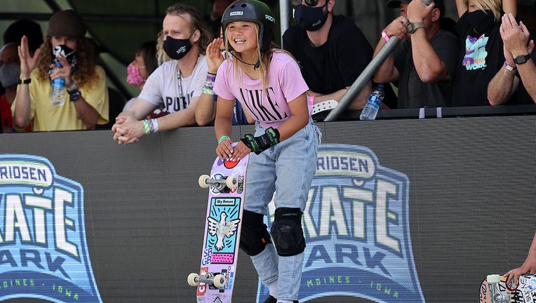 Sky Brown of Great Britain looks on during the Women's Park Final at the Dew Tour on May 23, 2021 in Des Moines, Iowa. (Photo by Sean M. Haffey/Getty Images)