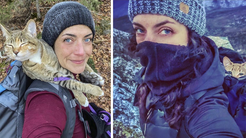 Two photos of a hiker with her cat; left photo shows the cat curled around the woman's neck; right photo shows the cat in the woman's backpack