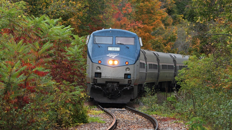 An Amtrak train passes colorful trees on an autumn day
