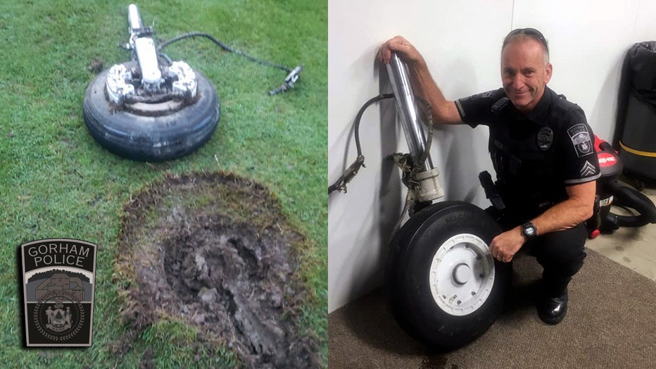A police sergeant poses with the fallen landing gear (right). The gear next to the crater it caused in a golf course (left).