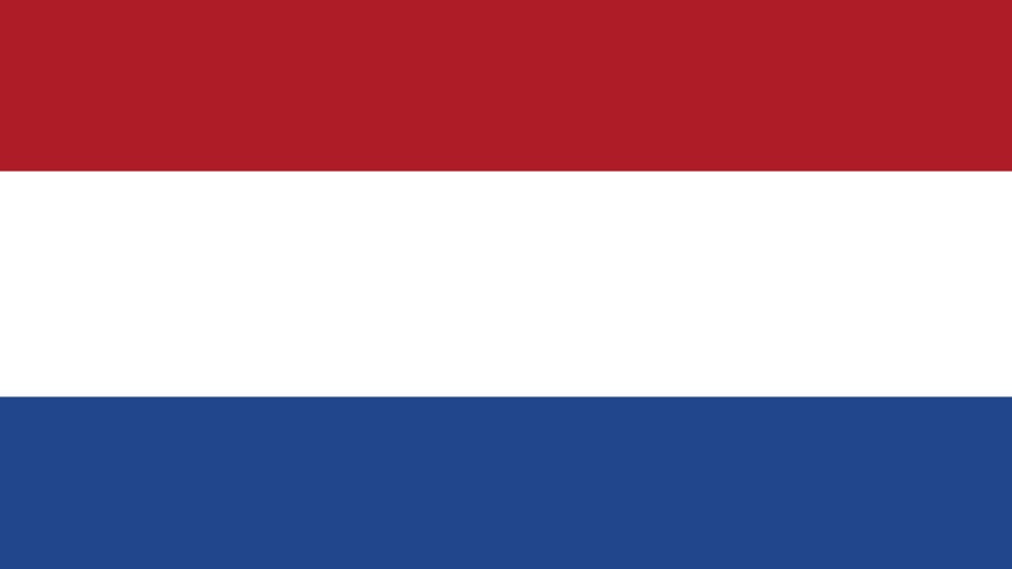 Flag of the Netherlands is three horizontal stripes of red, white and blue from top to bottom