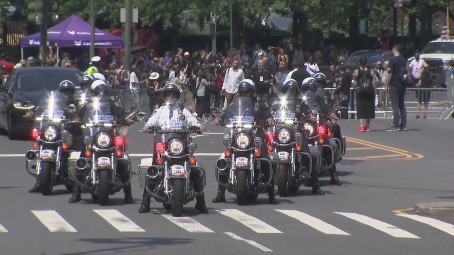 The NYPD lead the parade participants up the Canyon of Heroes. (FOX 5 NY)