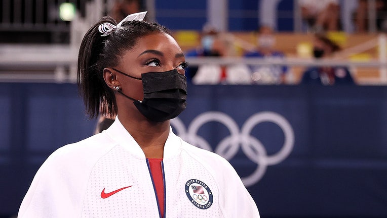 Simone Biles of the United States looks on during the artistic gymnastics women's team final at the Tokyo 2020 Olympic Games in Tokyo, Japan, July 27, 2021. (Photo by Cao Can/Xinhua via Getty Images)