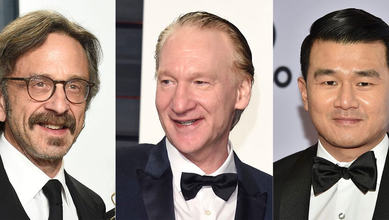 This combination photo shows comedians, from left, Marc Maron, Bill Maher and Ronny Chieng, who will join Michelle Wolf as headliners of this year’s New York Comedy Festival.