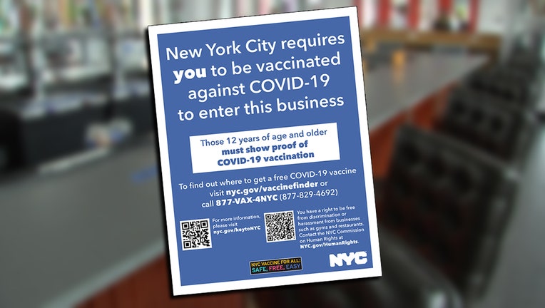 NYC vaccination mandate poster superimposed on a blurred image of a bar