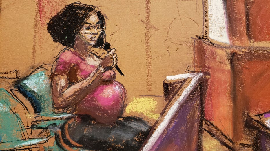 Jerhonda Pace testifies against R&B superstar R. Kelly in his federal sex trafficking trial. (Sketch by Jane Rosenberg)