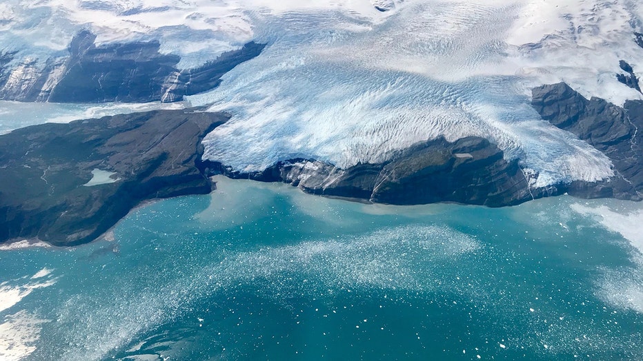 Aerial view of a glacier and Icy Bay in Alaska
