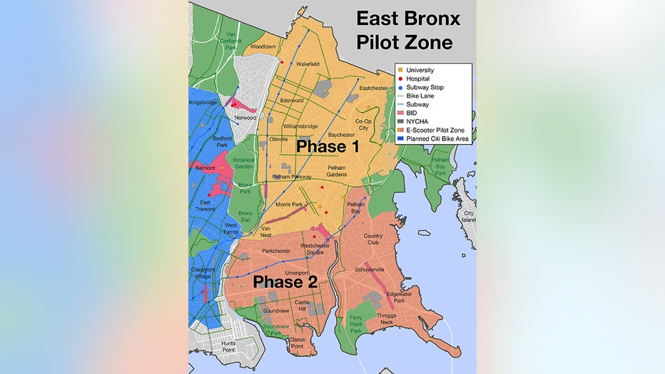 A map showing two areas of the east Bronx that are the pilot zone for an electric scooter share