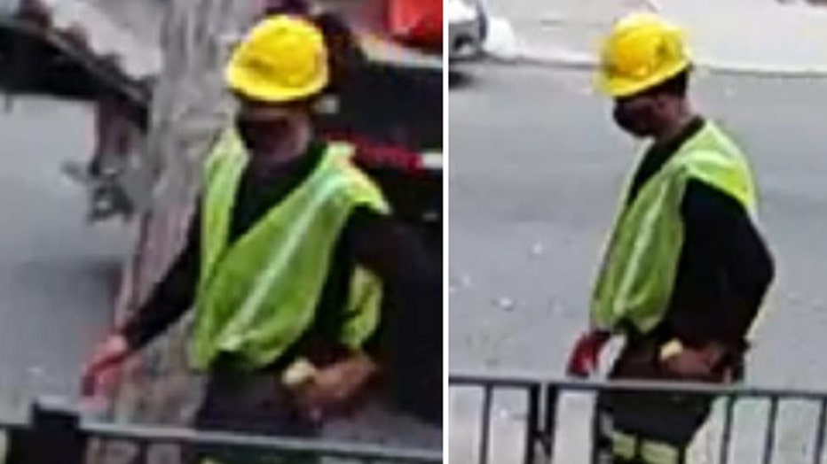 Security camera images of a person wearing a reflective traffic vest, dark pants with reflective strips, a yellow hard hat