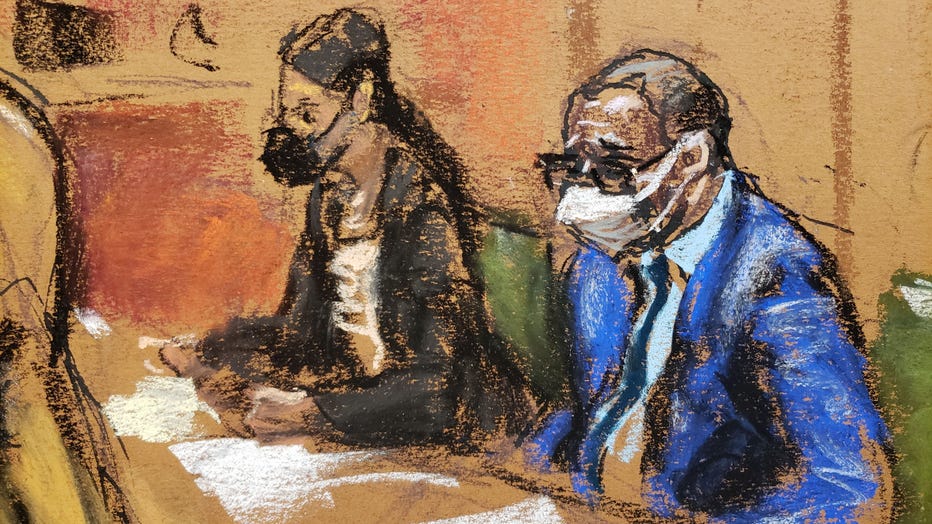 Defense attorney Nicole Blank Becker (left) and R&B star R. Kelly (right) during day two of his sex trafficking trial in federal court in Downtown Brooklyn. (Sketch by Jane Rosenberg)