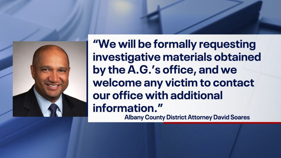 A graphic combining a headshot of Albany DA David Soares with an excerpt from his statement: "We will be formally requesting investigative materials obtained by the AG's Office, and we welcome any victim to contact our office with additional information."