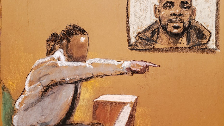 Sketch of a man testifying in court, pointing